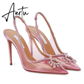 Spring and summer new European and American pointed high heels transparent rhinestone fashion sandals Aiertu