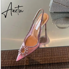 Spring and summer new European and American pointed high heels transparent rhinestone fashion sandals Aiertu