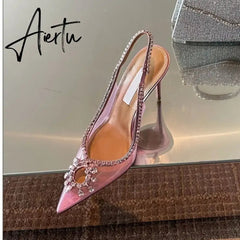 Spring and summer new European and American pointed high heels transparent rhinestone fashion sandals Aiertu