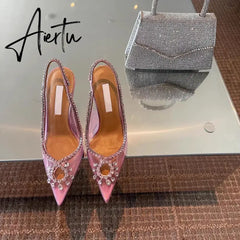 Spring and summer new European and American pointed high heels transparent rhinestone fashion sandals Aiertu