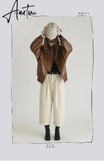 Spring Autumn Cool Oversized Brown Black Faux Leather Bomber Jacket Women Zip Up Luxury Designer Unisex Clothes Aiertu