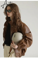 Spring Autumn Cool Oversized Brown Black Faux Leather Bomber Jacket Women Zip Up Luxury Designer Unisex Clothes Aiertu