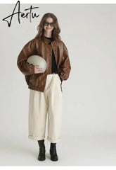 Spring Autumn Cool Oversized Brown Black Faux Leather Bomber Jacket Women Zip Up Luxury Designer Unisex Clothes Aiertu