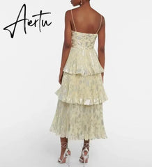 Spring / Autumn New Women Clothing Sexy Charming Yellow Chiffon Bronzing Pleated Cake Long Suspender Dress for Party Aiertu