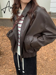 Spring Autumn Oversized Casual Waterproof Coffe Soft Pu Leather Jacket Women with Drop Shoulder Long Sleeve Fashion Aiertu