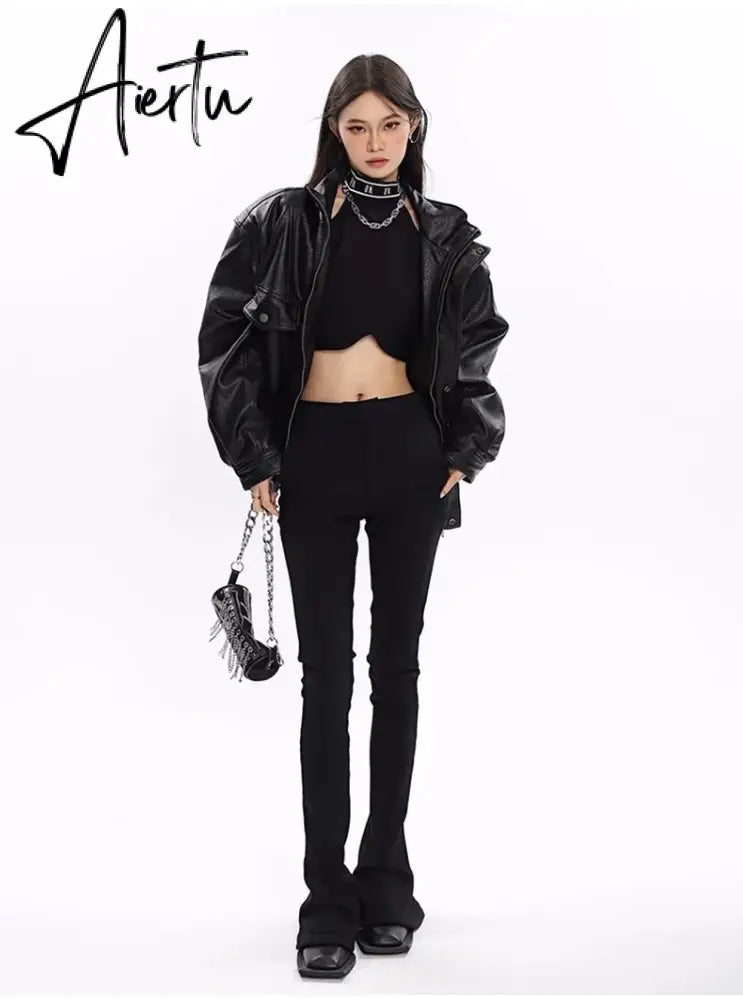 Spring Autumn Oversized Cool Windproof Thick Black Pu Leather Jacket Women Zip Up Luxury Designer Unisex Clothes Aiertu