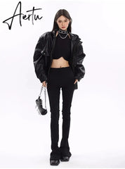 Spring Autumn Oversized Cool Windproof Thick Black Pu Leather Jacket Women Zip Up Luxury Designer Unisex Clothes Aiertu