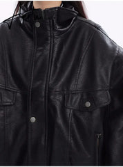 Spring Autumn Oversized Cool Windproof Thick Black Pu Leather Jacket Women Zip Up Luxury Designer Unisex Clothes Aiertu