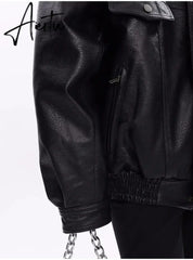Spring Autumn Oversized Cool Windproof Thick Black Pu Leather Jacket Women Zip Up Luxury Designer Unisex Clothes Aiertu