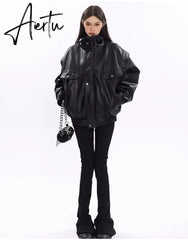 Spring Autumn Oversized Cool Windproof Thick Black Pu Leather Jacket Women Zip Up Luxury Designer Unisex Clothes Aiertu