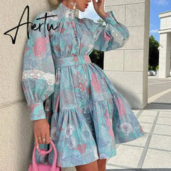 Spring Autumn Woman Printed Long Sleeve Boho Midi Dress Elegant High Waist Stand Collar Buttons Slim Dresses Lady Party Vestidos Aiertu