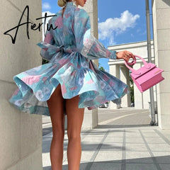 Spring Autumn Woman Printed Long Sleeve Boho Midi Dress Elegant High Waist Stand Collar Buttons Slim Dresses Lady Party Vestidos Aiertu