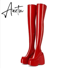 Spring autumn Women Over The Knee High Boots Pointed Toe wedges Heels slip on platform white Thigh High Boots Aiertu