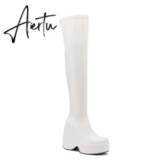 Spring autumn Women Over The Knee High Boots Pointed Toe wedges Heels slip on platform white Thigh High Boots Aiertu