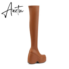 Spring autumn Women Over The Knee High Boots Pointed Toe wedges Heels slip on platform white Thigh High Boots Aiertu