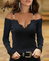Spring Autumn Women's Lace Chain Strap Top New Femme Trim Cold Shoulder V-Neck Long Sleeve Elegant Blouse Ladies Clothing Aiertu