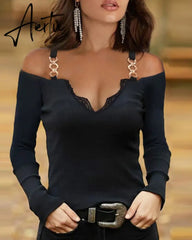 Spring Autumn Women's Lace Chain Strap Top New Femme Trim Cold Shoulder V-Neck Long Sleeve Elegant Blouse Ladies Clothing Aiertu