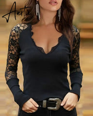 Spring Autumn Women's Lace Chain Strap Top New Femme Trim Cold Shoulder V-Neck Long Sleeve Elegant Blouse Ladies Clothing Aiertu