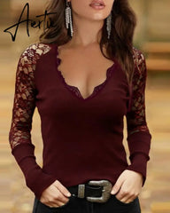 Spring Autumn Women's Lace Chain Strap Top New Femme Trim Cold Shoulder V-Neck Long Sleeve Elegant Blouse Ladies Clothing Aiertu