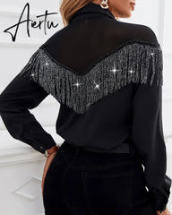 Spring Autumn Women Tassel Sheer Mesh Button Front Shirt 2022 Femme Turn-Down Collar Long Sleeve Top Office Lady Outfits Traf Aiertu