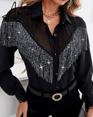 Spring Autumn Women Tassel Sheer Mesh Button Front Shirt 2022 Femme Turn-Down Collar Long Sleeve Top Office Lady Outfits Traf Aiertu