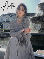 Spring Elegant V-Neck Midi Dress Office Lady Long Sleeve Casual One Piece Dress Korean French Vintage Chiffon Dress Women Aiertu