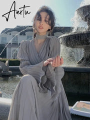 Spring Elegant V-Neck Midi Dress Office Lady Long Sleeve Casual One Piece Dress Korean French Vintage Chiffon Dress Women Aiertu