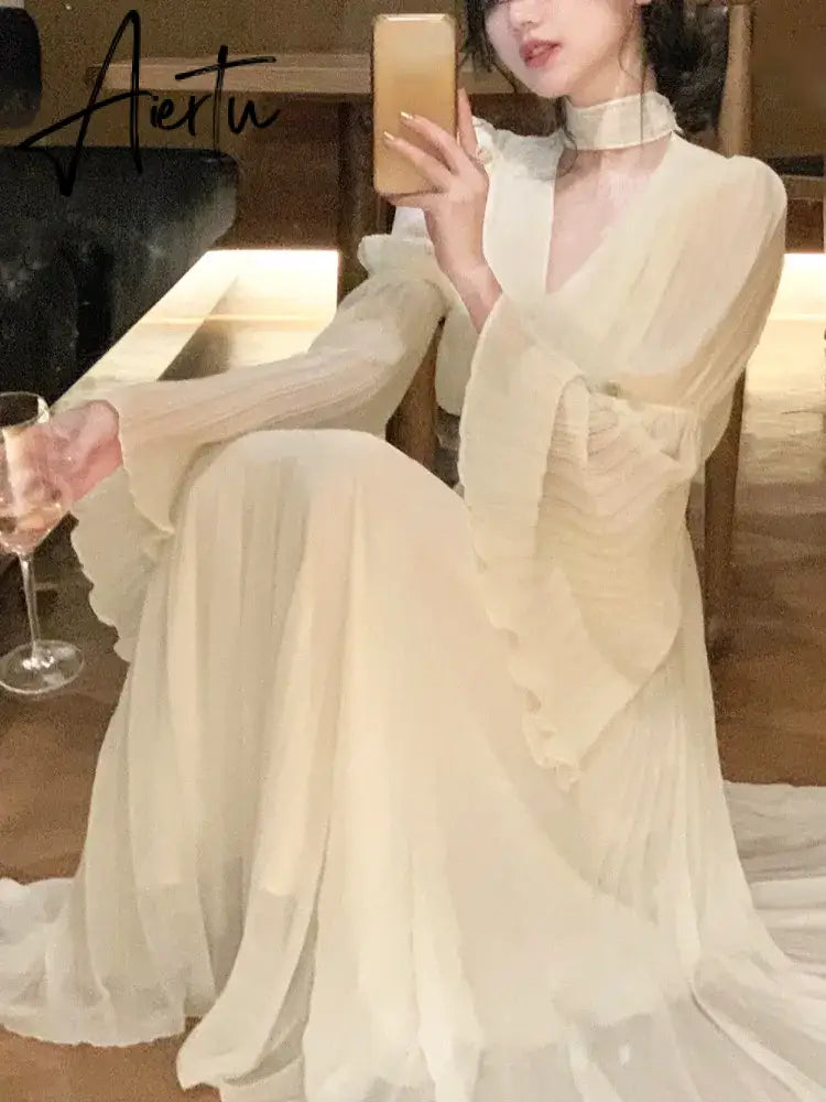 Spring Elegant V-Neck Midi Dress Office Lady Long Sleeve Casual One Piece Dress Korean French Vintage Chiffon Dress Women Aiertu