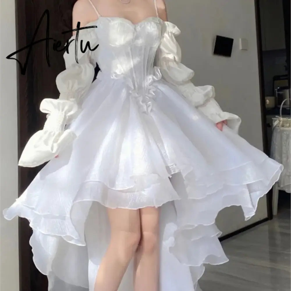 Spring Elegant White Off Shoulder Fairy Dress Chic Princess Puff Dress Mesh Puff Dress Wedding Party Porm Dress Aiertu
