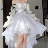 Spring Elegant White Off Shoulder Fairy Dress Chic Princess Puff Dress Mesh Puff Dress Wedding Party Porm Dress Aiertu