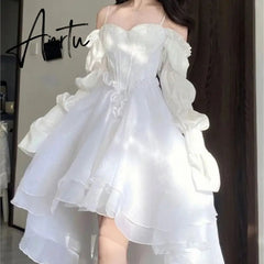Spring Elegant White Off Shoulder Fairy Dress Chic Princess Puff Dress Mesh Puff Dress Wedding Party Porm Dress Aiertu