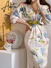 Spring Japan Style Elegant Floral Midi Dress Women Vintage Chic Bodycon Party Birthday Vestidos Female Fashion One Pieces Robe Aiertu