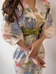 Spring Japan Style Elegant Floral Midi Dress Women Vintage Chic Bodycon Party Birthday Vestidos Female Fashion One Pieces Robe Aiertu