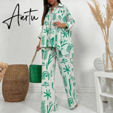 Spring Lapel Long Sleeve Shirt And Wide Leg Pants Suits Casual Graphic Print Loose Two Piece Set Women Irregular Shirts Outfits Aiertu