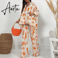Spring Lapel Long Sleeve Shirt And Wide Leg Pants Suits Casual Graphic Print Loose Two Piece Set Women Irregular Shirts Outfits Aiertu