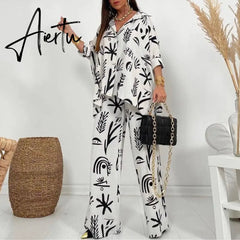 Spring Lapel Long Sleeve Shirt And Wide Leg Pants Suits Casual Graphic Print Loose Two Piece Set Women Irregular Shirts Outfits Aiertu