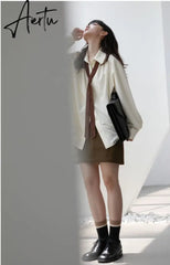 Spring Minimalist Long Sleeve Button Up Shirt Women Korean Style Solid Tie Oversize Shirts Blouse Loose Clothes Tops Aiertu