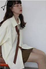 Spring Minimalist Long Sleeve Button Up Shirt Women Korean Style Solid Tie Oversize Shirts Blouse Loose Clothes Tops Aiertu