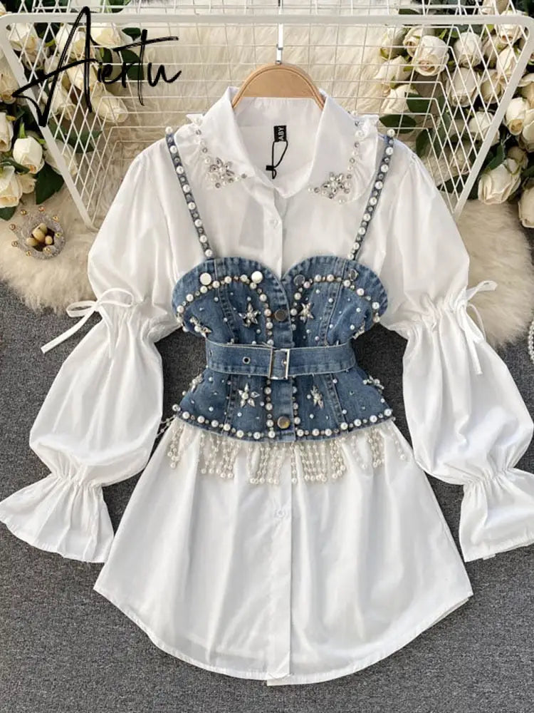 Spring New Blouse Women's Diamond Beaded Puff Sleeve Blusa Top Tassel Pearl Sling Waistcoat Two-piece Stacking Shirt C813 Aiertu