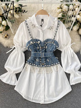 Spring New Blouse Women's Diamond Beaded Puff Sleeve Blusa Top Tassel Pearl Sling Waistcoat Two-piece Stacking Shirt C813 Aiertu