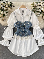 Spring New Blouse Women's Diamond Beaded Puff Sleeve Blusa Top Tassel Pearl Sling Waistcoat Two-piece Stacking Shirt C813 Aiertu