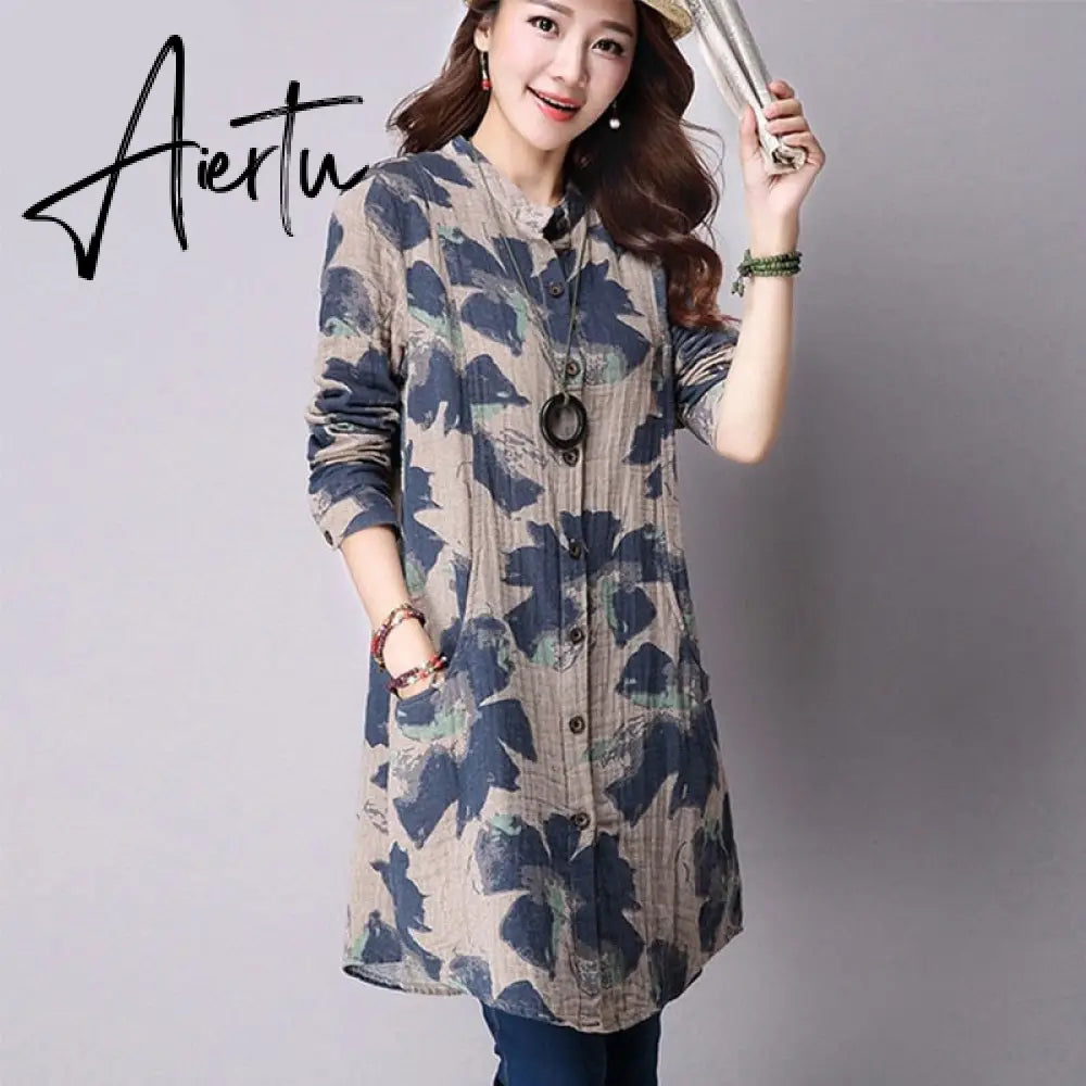 Spring New Fashion Floral Print Cotton Linen Blouses Casual Long Sleeve Shirt Women Top With Pockets Aiertu