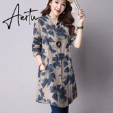 Spring New Fashion Floral Print Cotton Linen Blouses Casual Long Sleeve Shirt Women Top With Pockets Aiertu