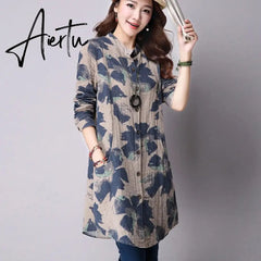 Spring New Fashion Floral Print Cotton Linen Blouses Casual Long Sleeve Shirt Women Top With Pockets Aiertu