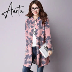 Spring New Fashion Floral Print Cotton Linen Blouses Casual Long Sleeve Shirt Women Top With Pockets Aiertu
