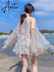 Spring New Organza Embroidered Super Fairy Holiday Beach Jumpsuit Women Fashion Flare Sleeve Ruffles Wide Leg Rompers Bodysuit Aiertu