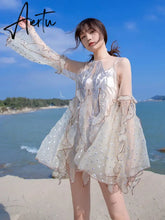 Spring New Organza Embroidered Super Fairy Holiday Beach Jumpsuit Women Fashion Flare Sleeve Ruffles Wide Leg Rompers Bodysuit Aiertu