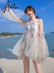 Spring New Organza Embroidered Super Fairy Holiday Beach Jumpsuit Women Fashion Flare Sleeve Ruffles Wide Leg Rompers Bodysuit Aiertu