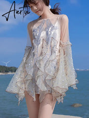 Spring New Organza Embroidered Super Fairy Holiday Beach Jumpsuit Women Fashion Flare Sleeve Ruffles Wide Leg Rompers Bodysuit Aiertu