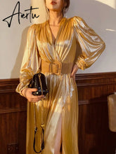 Spring New Women French Loose Midi Dress With Belt Elegant Long Sleeve A-line Lady Clothes Autumn Female Birthday Party Robe Aiertu